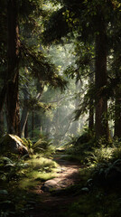 Exploring Nature: A Walk Through a Dense Forest Path Surrounded by Lush Greenery and Thriving Wildlife