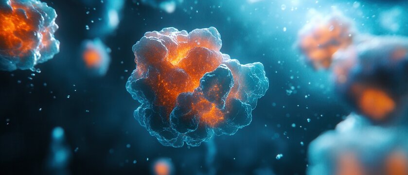 Close - up of cellular or microbial structures with orange and blue hues, floating in a glowing, particle - filled background, representing microscopic biology.