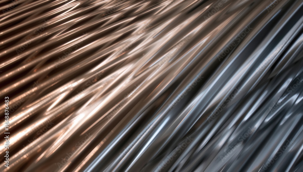 Poster abstract metallic surface with sharp lines creating dynamic patterns and contrasts in copper and sil