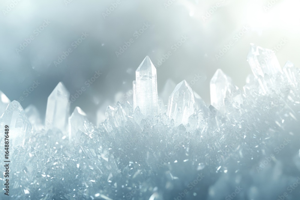 Poster a cluster of translucent quartz crystals, sharp points gleaming under soft light.