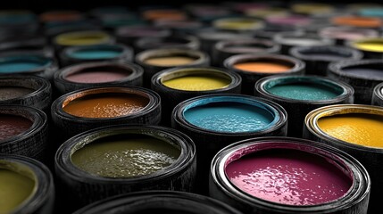 Naklejka premium Close-up of many paint cans, various colors