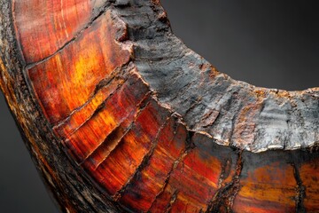 Close-up of a vibrant, petrified wood slice showcasing its rich, red and black banding.