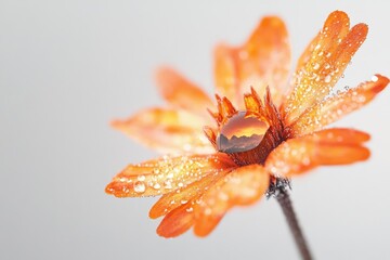 A dewdrop on an orange flower reflects a stunning sunset landscape.