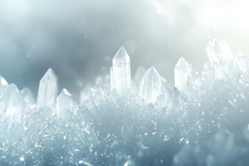 A cluster of translucent quartz crystals, sharp points gleaming under soft light.