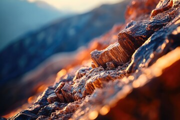 Close-up of sunlit, rough-textured rocks, showcasing natural formations and warm tones.