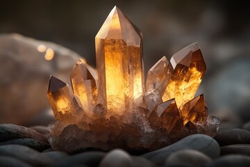 Luminous amber quartz cluster glows, showcasing its crystalline structure and natural beauty.
