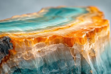 Close-up of a polished gemstone showing vibrant teal, orange, and beige layers.