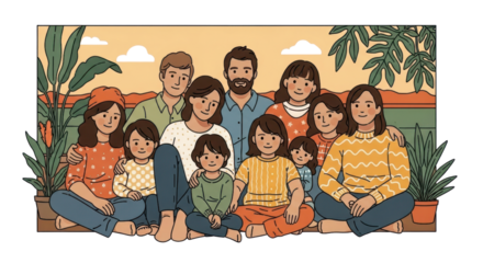 Happy multi-generational family portrait celebrating togetherness in a vibrant, joyful outdoor setting