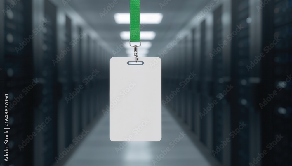 Poster a blank identification badge hanging in a modern server room with rows of servers in the background