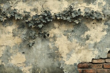 Ivy vines crawl across a weathered, crumbling wall, revealing aged bricks below.