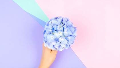 Hand holding a vibrant purple hydrangea against a pastel background