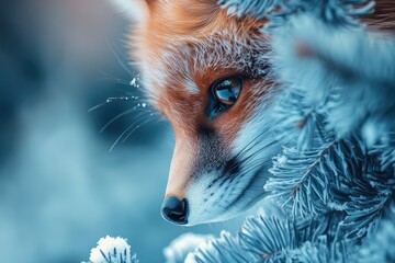 Close-up of a red fox's face peering from behind frosty pine branches in a snowy winter scene.