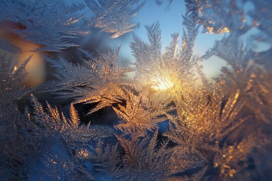 Closeup of intricate frost patterns on glass backlit by sunlight creating a golden glow