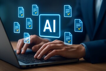 Artificial intelligence processing documents and data with checkmarks, signifying successful task completion