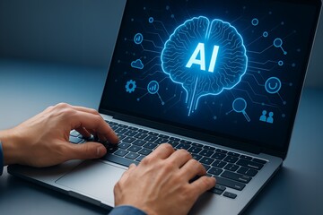 Hands typing on a laptop with a glowing ai brain symbol and network connections on the screen