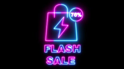 Neon flash sale sign with 76% discount number. Flash sale Neon Text advertisement promo animation video with dark background . High-quality 4K footage - Powered by Adobe