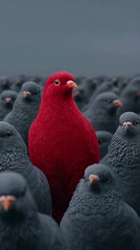 A single bright red pigeon stands out in a large crowd of identical grey birds, a striking visual metaphor for individuality, uniqueness, and daring to be different in a conformist society