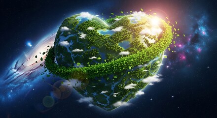Heart shaped earth with green foliage in cosmic background a symbol of ecological consciousness
