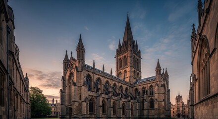 Fototapeta premium Exterior of a historic church at dawn, stone facade, ornamental details, spires, Gothic architecture
