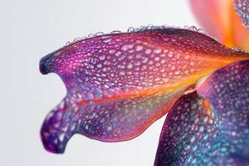 Close-up of a vibrant orchid petal, covered in dew drops, showcasing intricate textures and colorful patterns.