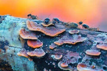 A group of ants foraging on a decaying log covered with vibrant orange and blue shelf fungi during sunset.
