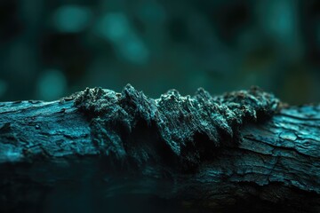 Close-up of teal-colored textured fungus or lichen growing on dark wood.
