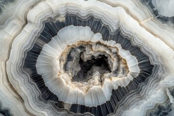 A captivating close-up of a geode revealing intricate, concentric layers of grey and white crystals.