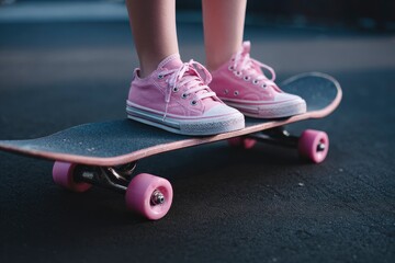 A child stands on a skateboard wearing pink sneakers on a textured asphalt surface