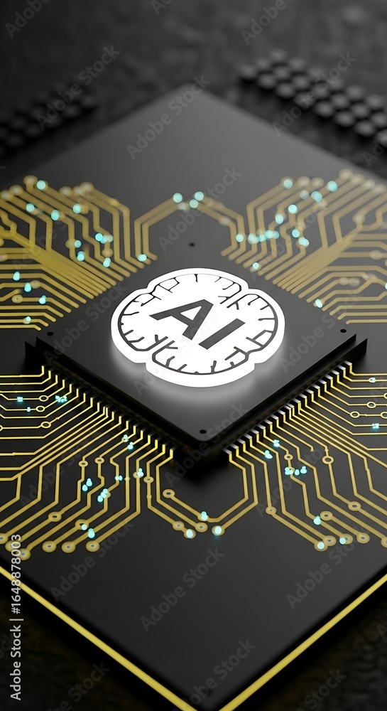 Poster modern ai brain circuit board design for future technology and data science innovations in a digital
