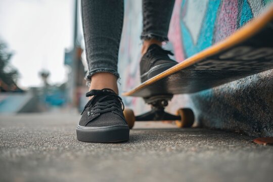 Low angle shot of a person standing on a skateboard with black sneakers