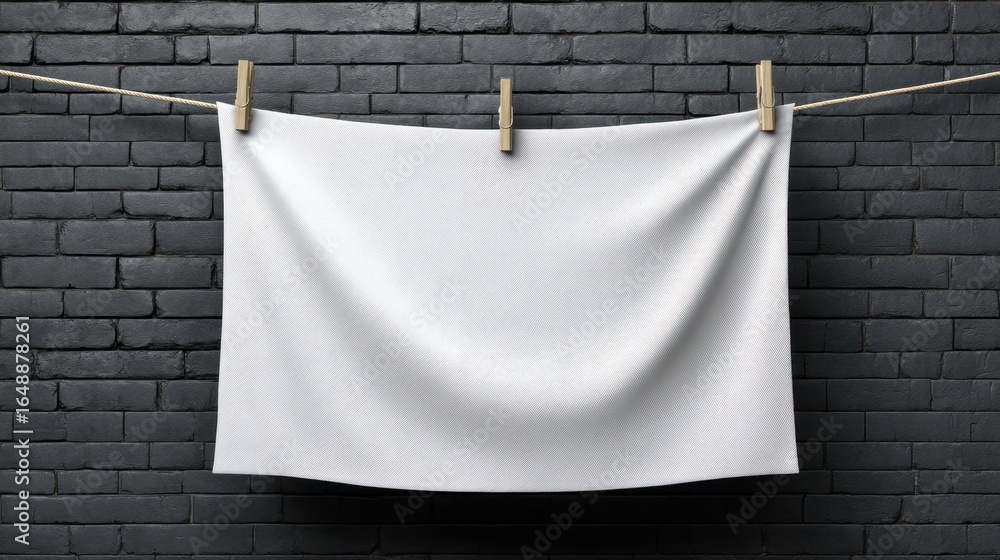 Poster a white rectangular cloth is hanging from a clothesline with three clothespins, set against a dark b