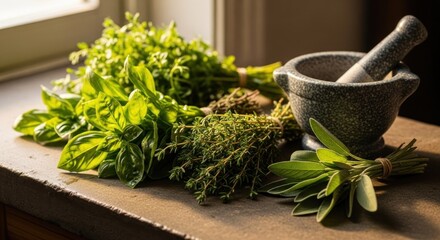 Fresh herbs in bunches, resting on a countertop next to a stone mortar and pestle. Sunlight highlights the vibrant green leaves
