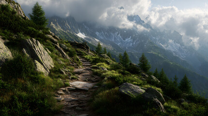 Obraz premium Conquer the Daring Mountain Trail: A Journey Through Majestic Peaks and Thrilling Adventures for Every Avid Hiker and Nature Enthusiast