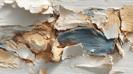 Abstract textured surface with layers of paint in beige, off-white, and muted blue