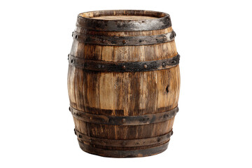 Wooden barrel, aged and weathered.  Iron bands encircle the barrel.  Dark brown wood grain.  Isolated on black