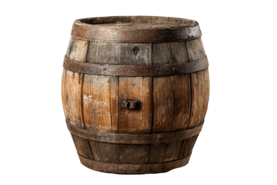 Aged wooden barrel, front view
