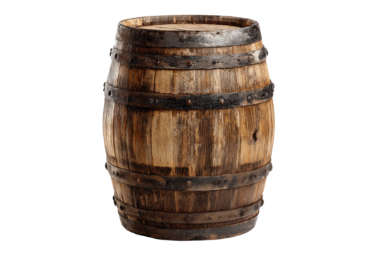 Wooden barrel, aged and weathered.  Iron bands encircle the barrel.  Dark brown wood grain.  Isolated on black