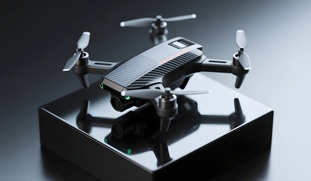 Hyper realistic product render of a quadcopter drone on a glossy black pedestal, soft top-down lighting, reflections on carbon fiber body, ultra-high resolution detail.