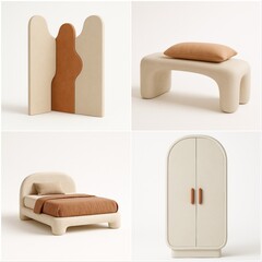 Curated collection of four minimalist cream stone bedroom pieces: room divider, nightstand, bed, and wardrobe. Modern organic shapes, neutral palette, and sculptural design for elegant interiors.