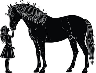 Silhouette illustration of young girl touching horse face, animal friendship, equestrian love, farm animal care, horse petting, rural lifestyle, animal bonding, countryside scene