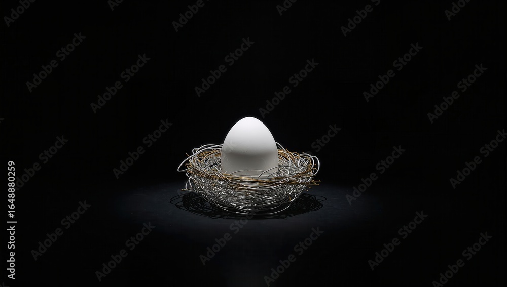 Poster a solitary white egg resting in a delicate nest with a dark background, creating an intimate and ser