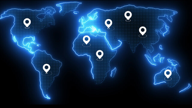 World map with blue glowing location pins global locations