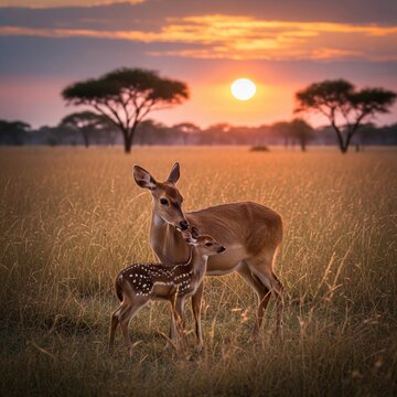 deer and her child in the savanna