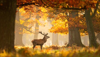 “Cinematic watercolor illustration of a majestic deer standing in a sunlit autumn forest, surrounded by warm golden light, birds flying overhead, highly detailed, artistic brush strokes.”
