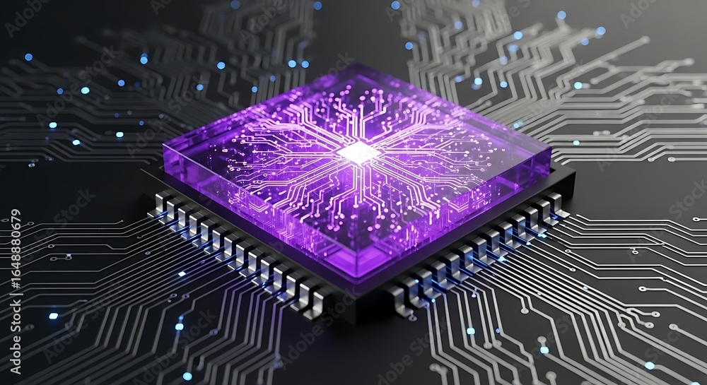 Poster cutting-edge purple processor with circuit board delivers next-generation computing power for innova