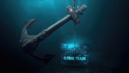 Obraz premium Underwater scene featuring a large, rusted anchor beside a vintage treasure chest, illuminated with bluish light. Mystical and serene atmosphere