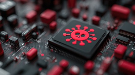 Close-up of a circuit board with a red skull and virus graphic on a chip, highlighting digital threat