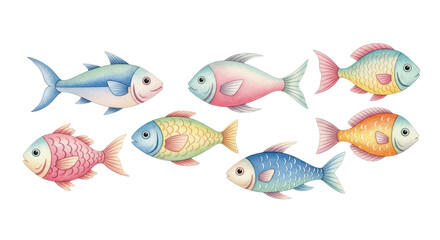 Naklejka premium Charming school of colorful watercolor fish swimming gracefully together, perfect for children's themes