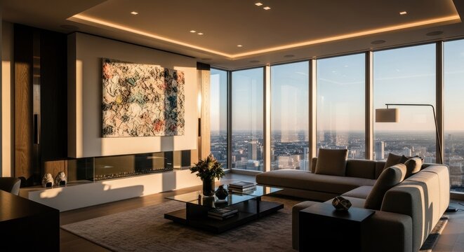 High-rise living room, panoramic city view - Powered by Adobe