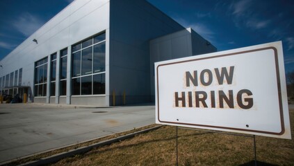 Job recruitment sign displaying 'Now Hiring' in front of a modern industrial building